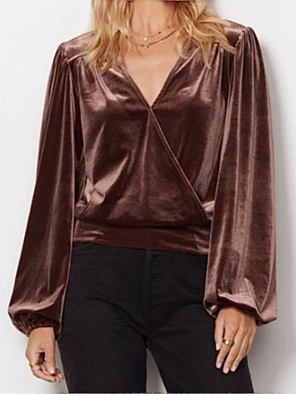EVEREVE Velvet Faux‎ Wrap Party Blouse Top Chocolate Brown Women’s Small Crop